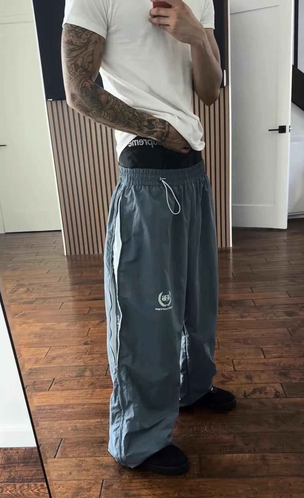 Crest Embroidered Side-Zip Track Pants — Slate Grey