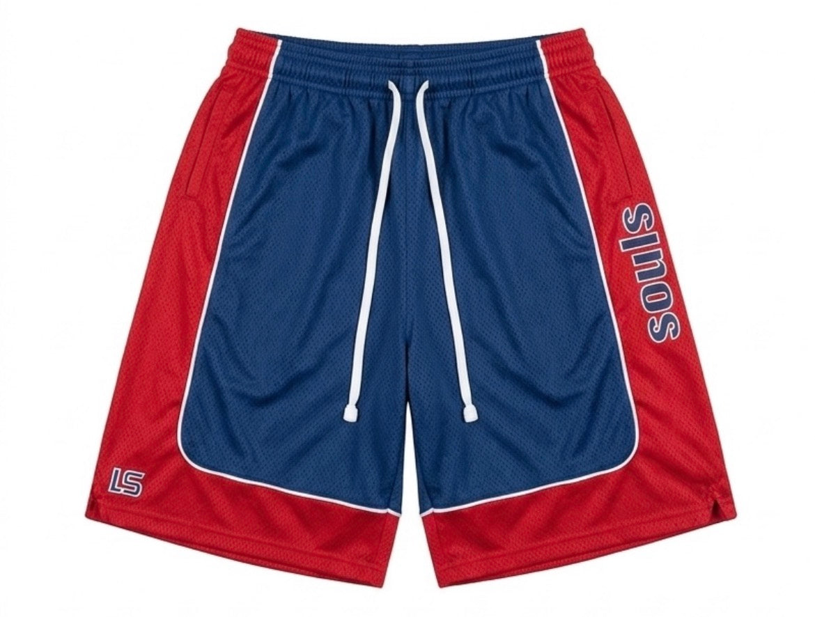 "Souls" Vintage Panel Mesh Basketball Shorts — Royal Blue / Red