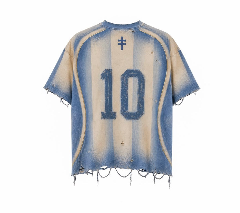 Distressed "10" Vintage Wash Football Tee – Sky Blue / Aged Beige