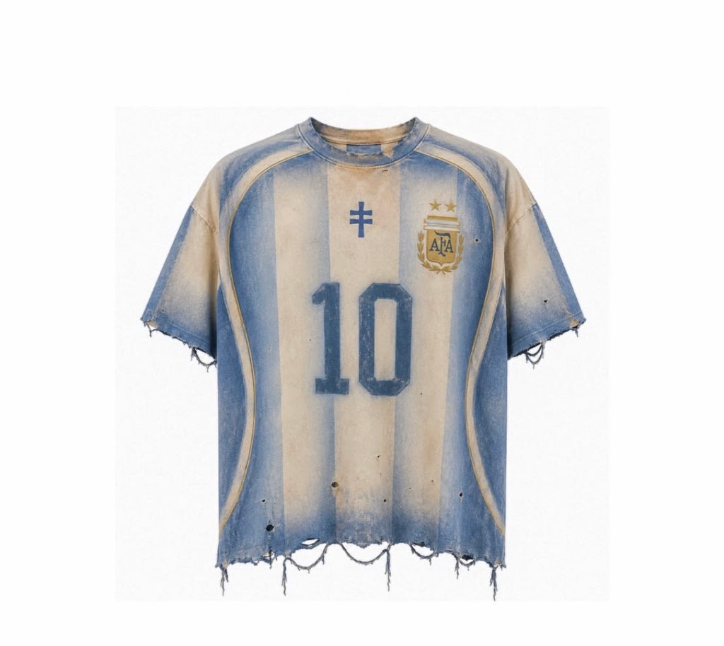 Distressed "10" Vintage Wash Football Tee – Sky Blue / Aged Beige